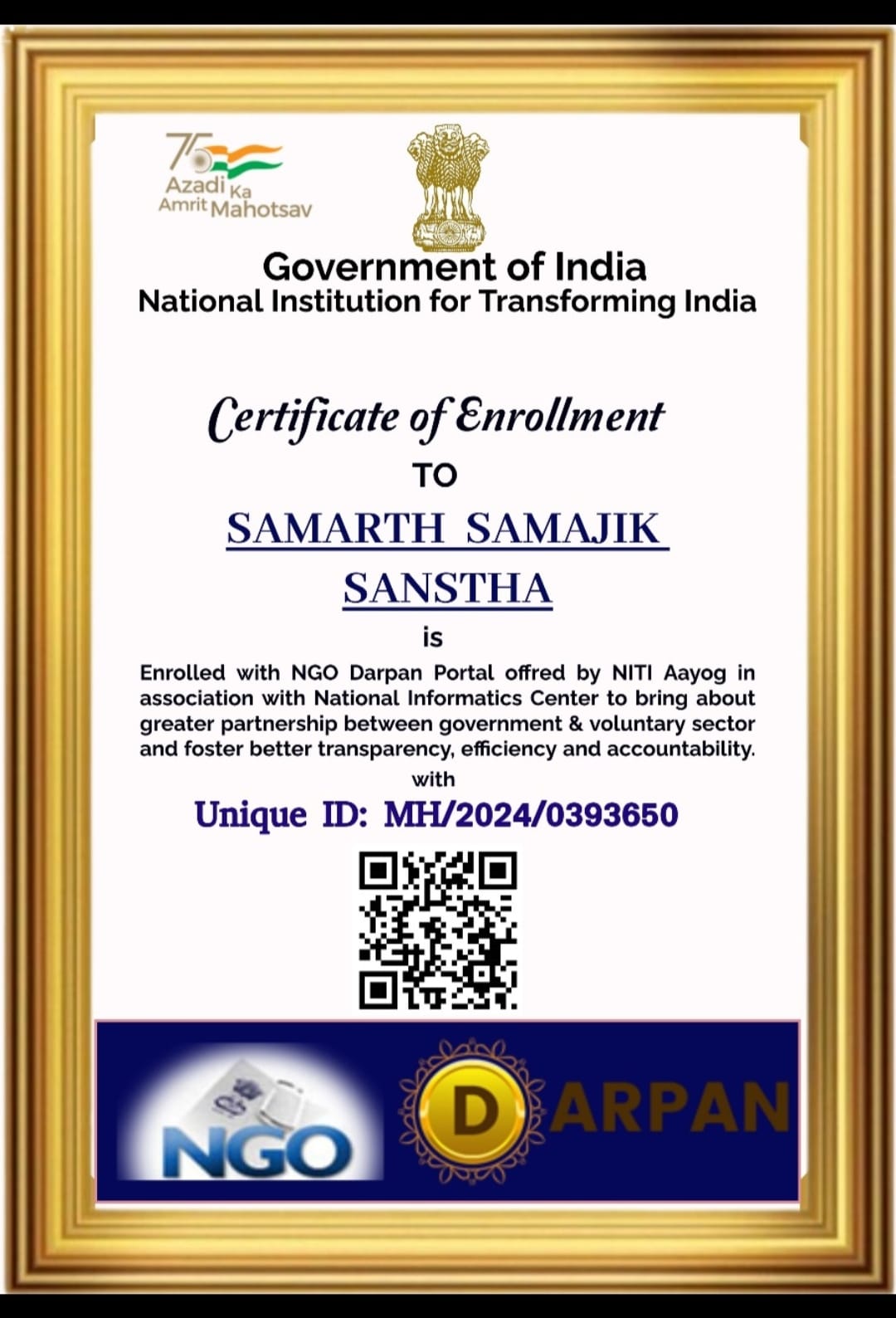 NGO Darpan certificate